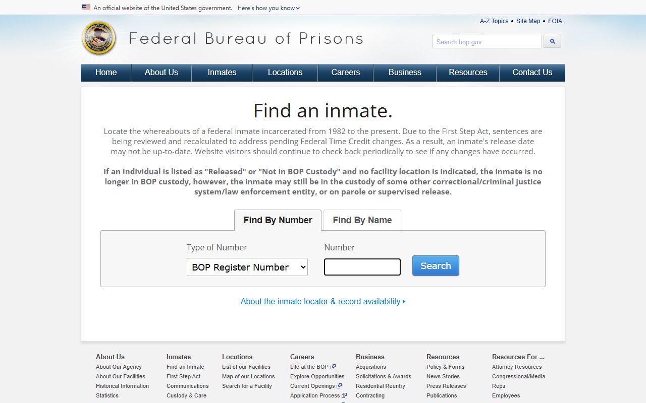 Federal BOP inmate locator showing number and name search fields used for Pulaski County federal detainees