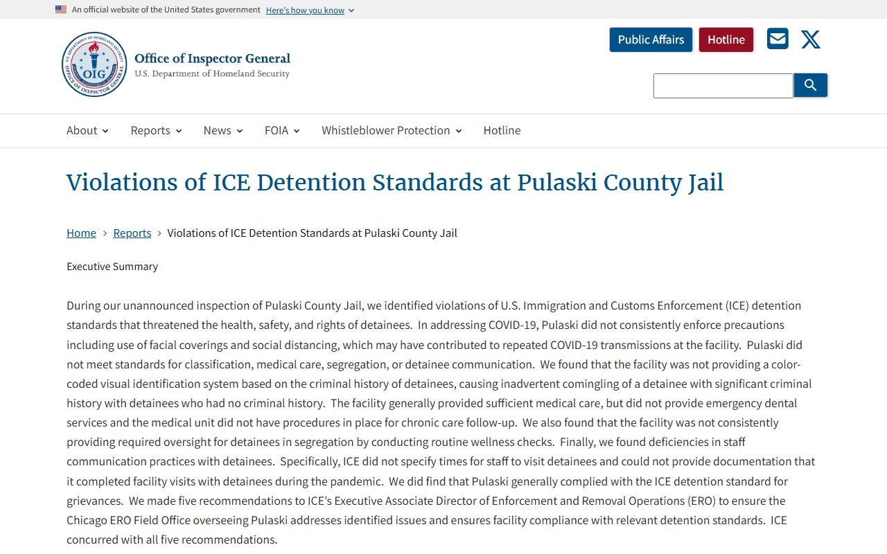 DHS Office of Inspector General report page on ICE detention standards at Pulaski County Jail