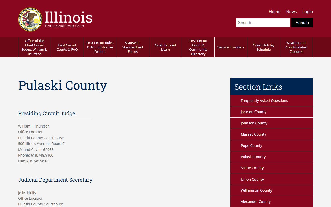 First Judicial Circuit Pulaski County directory listing the judge, circuit clerk, and state's attorney for court records after an arrest