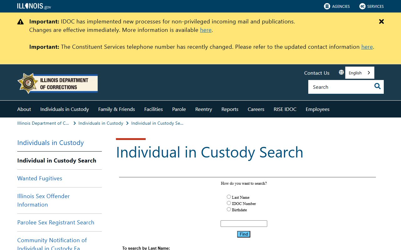 Illinois IDOC Individual in Custody Search page used to look up sentenced Pulaski County inmates