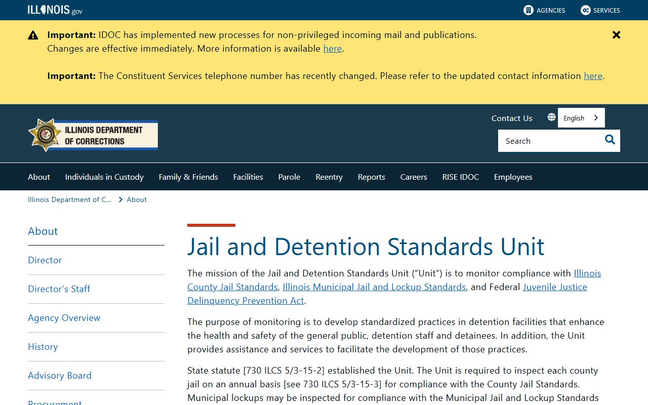 Illinois IDOC Jail and Detention Standards Unit page describing county jail inspections and monthly population data