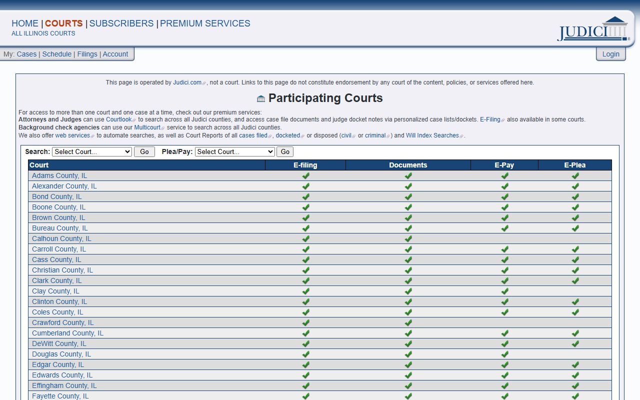 Judici participating-courts list showing Pulaski County, Illinois for court records after an arrest